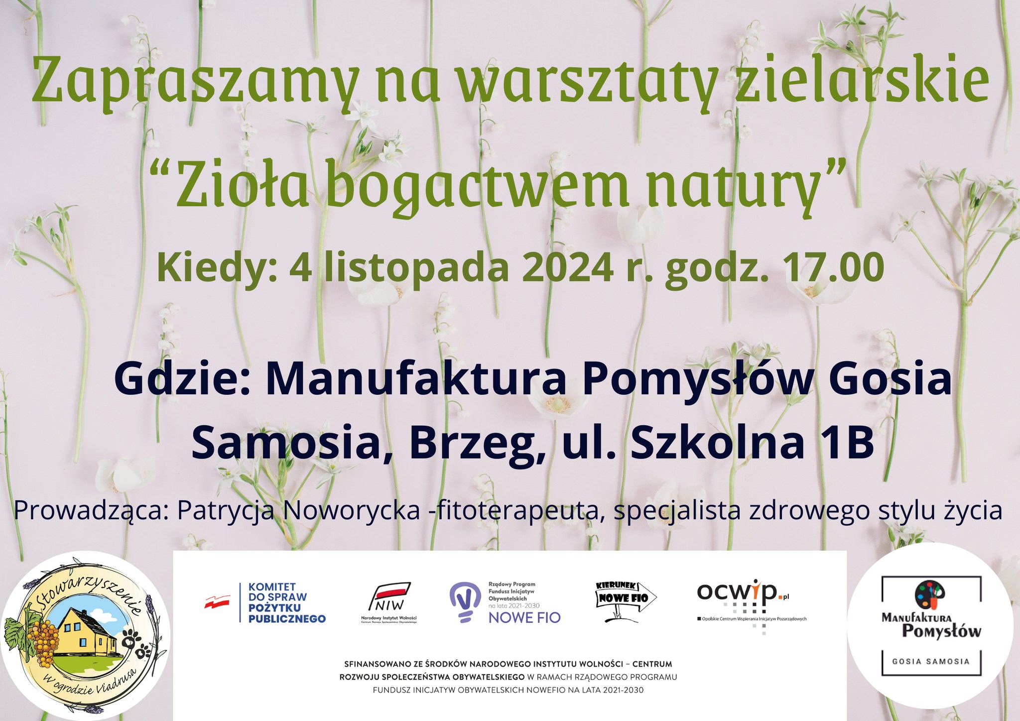 Plakat informacyjny o planowanych warsztatach zielarskich, które odbędą się 4 listopada